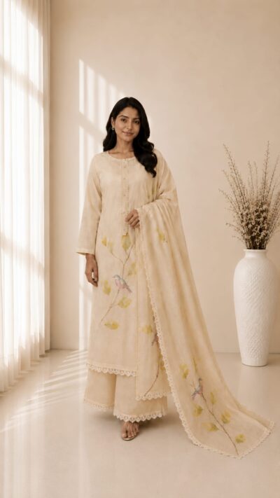 Beige Mul Chanderi Suit with Hand Printed Shirt