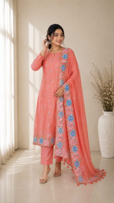 Sunset Orange Banarasi Khaddi Suit with Parsi Embroidery
