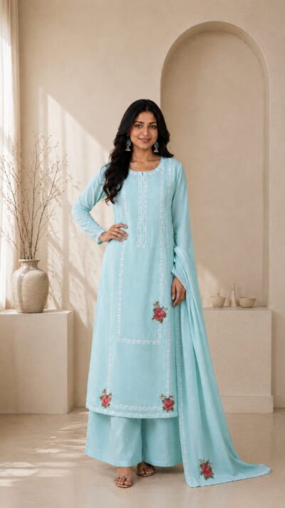 Mint Green Mul Chanderi Suit with Floral Appliqué Embroidery