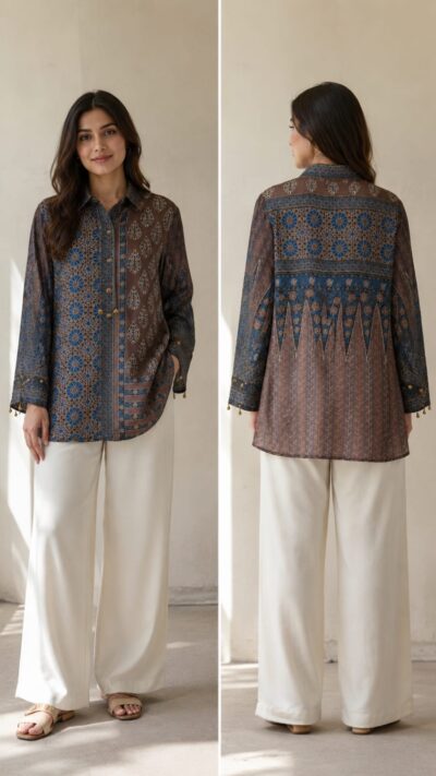 Crepe Printed Shirt with Statement Metallic Accent