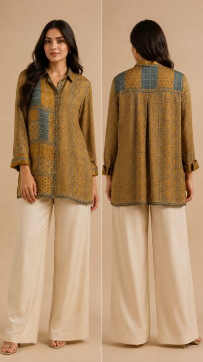 Crepe Printed Shirt with Statement Metallic Accent