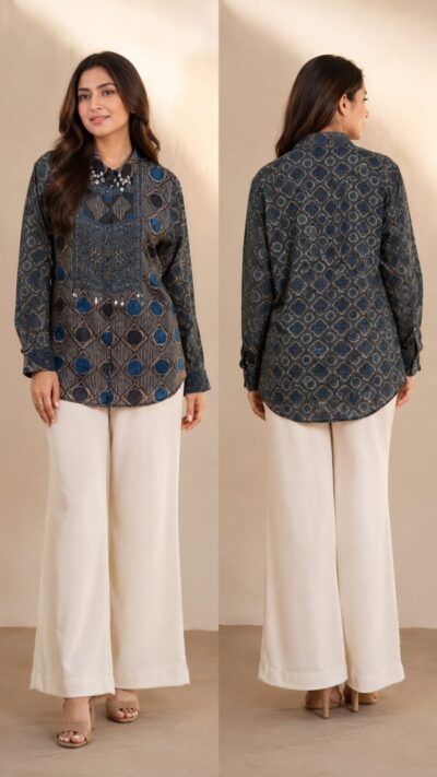 Crepe Printed Shirt with Statement Metallic Accent