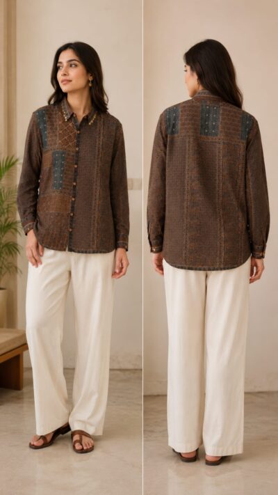 Crepe Printed Shirt with Statement Metallic Accent