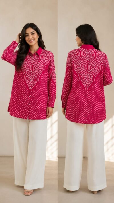 Crepe Printed Shirt with Statement Metallic Accent
