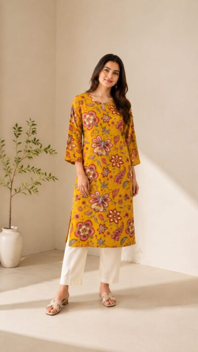 Mustard Floral Cotton Kurti