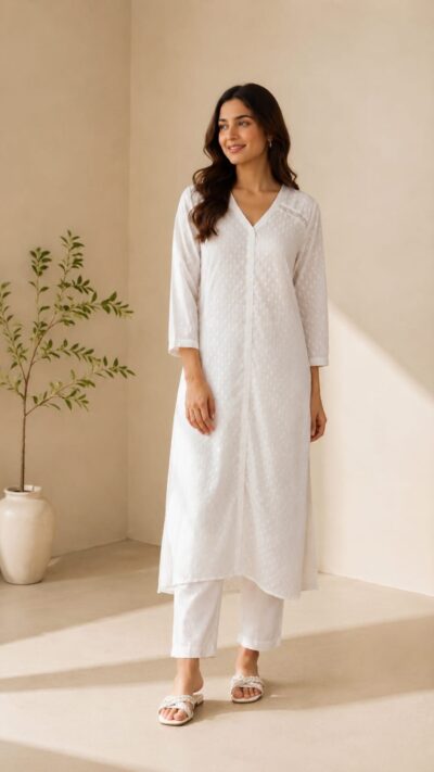 White Self Cotton Kurti