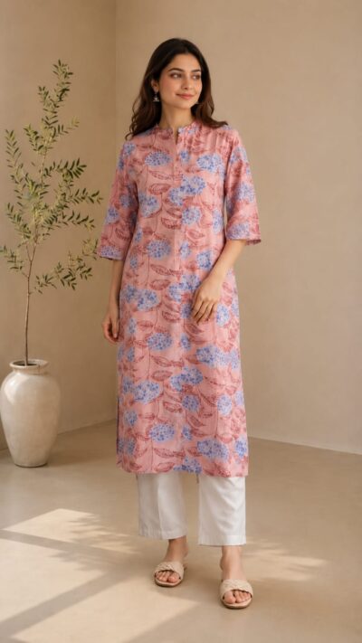 Pink Floral Khadi Cotton Kurti