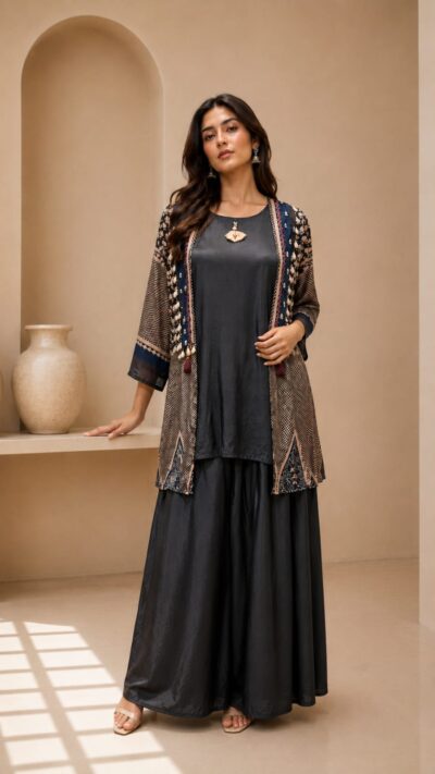 Midnight Elegance Crepe Cape Plazo Set