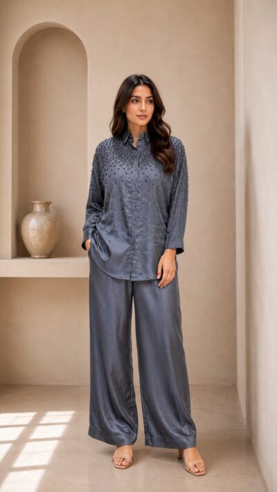 Dupion Silk Co-Ord Set with Mirror & Pearl Bead Work
