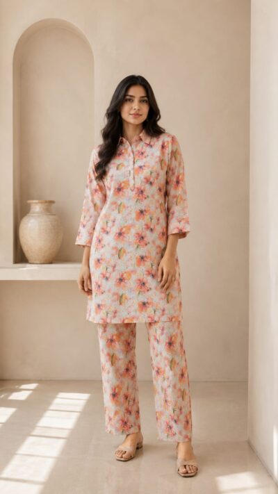 Printed Cotton Schiffli Co- ord Set