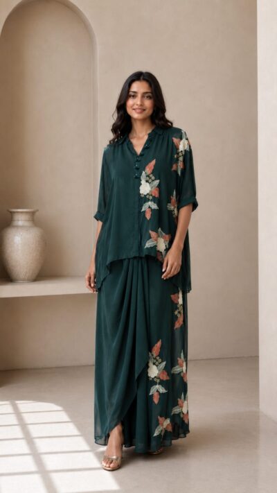 Georgette Thread & Bead Work Cowl Skirt Set