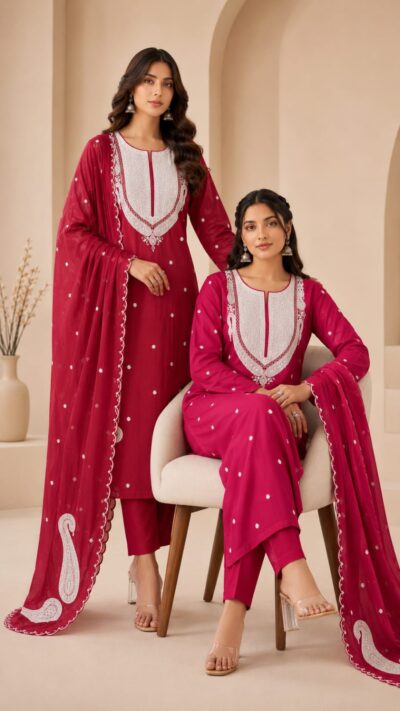 Premium Mul Cotton Applique Dori Work Suit Set