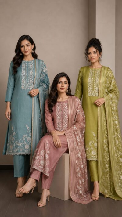 Organza Silver Zari Embroidery Suit Set