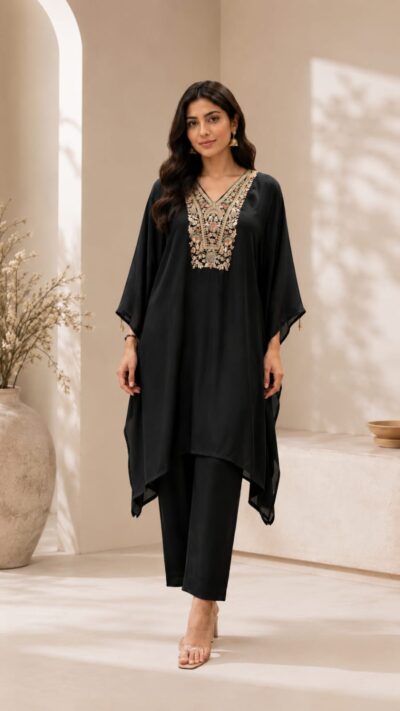 Pure Crepe Hand Embroidered Kaftan Set
