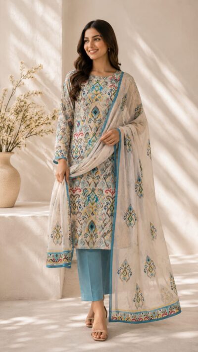 Crepe Chinon Ikkat Print Suit Set