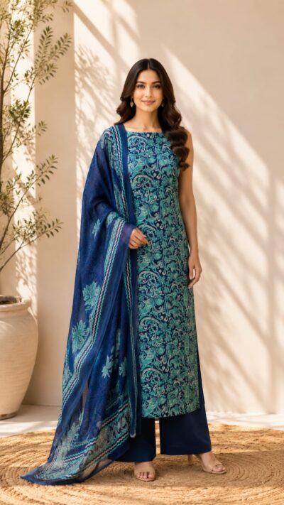 Crepe Chinon Ikkat Print Suit Set