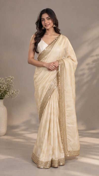 Tissue Polka Dot Zari Weaving Saree