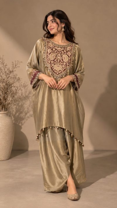 Tissue Pearl & Sequins Embroidered Kaftan Set
