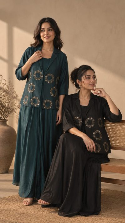 Moss Crepe Embellished Jacket-Style One-Piece